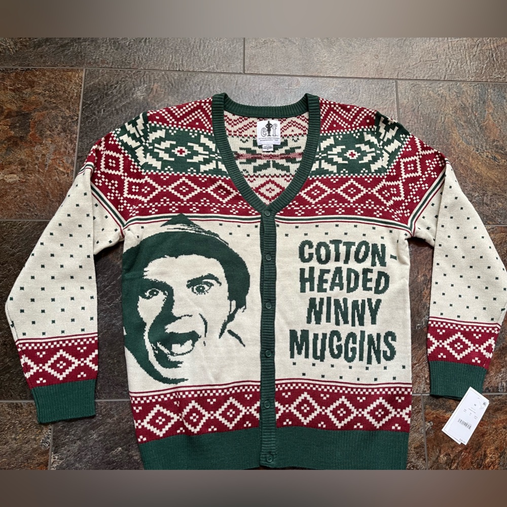 New Elf “cotton headed ninny muggins” Will Ferrell cardigan sweater. Size medium